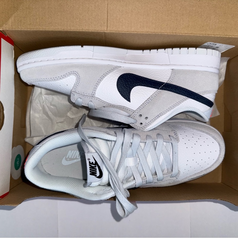 Nike Dunk Low White and Light Gray Sneakers with Navy Swoosh | 8